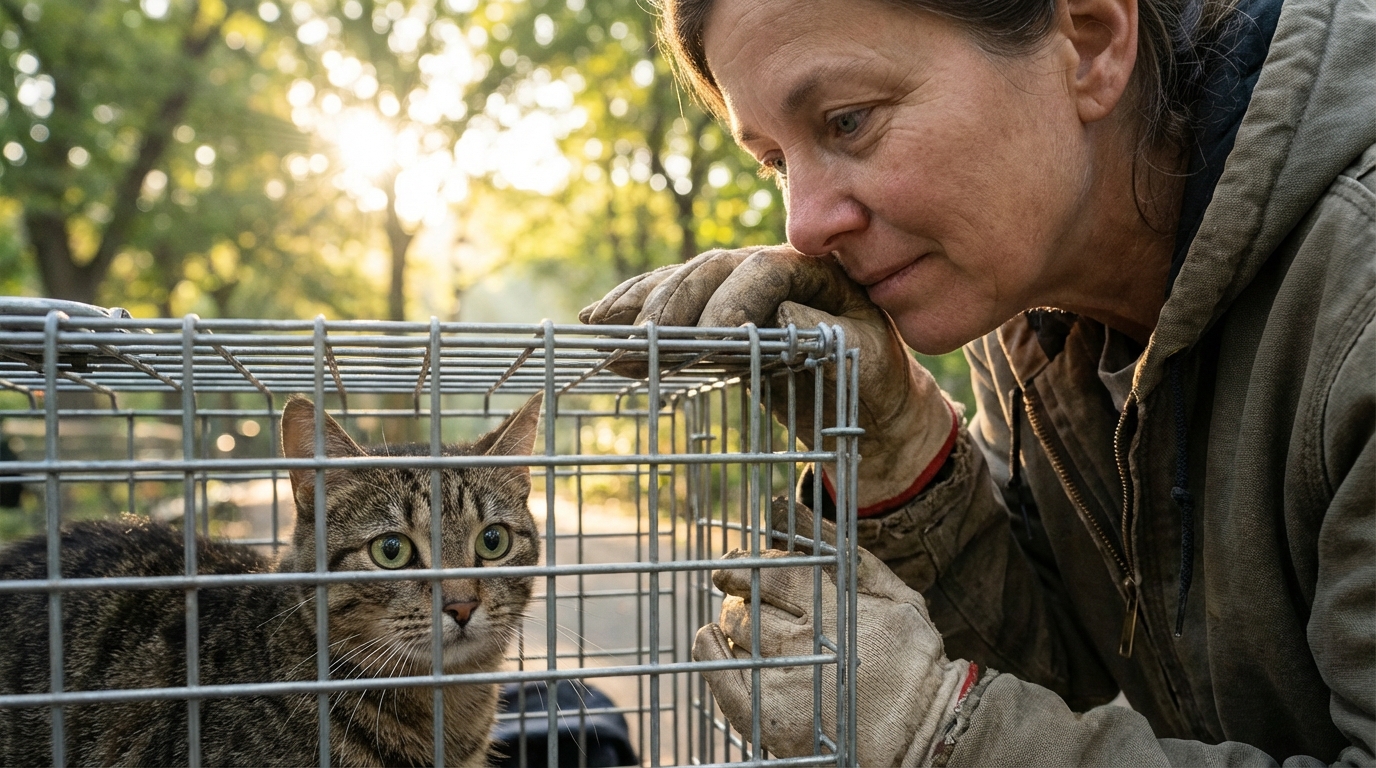 Une volontaire bienveillante regarde avec tendresse un chat tigré dans une cage de trappage, avant sa stérilisation par l'association.