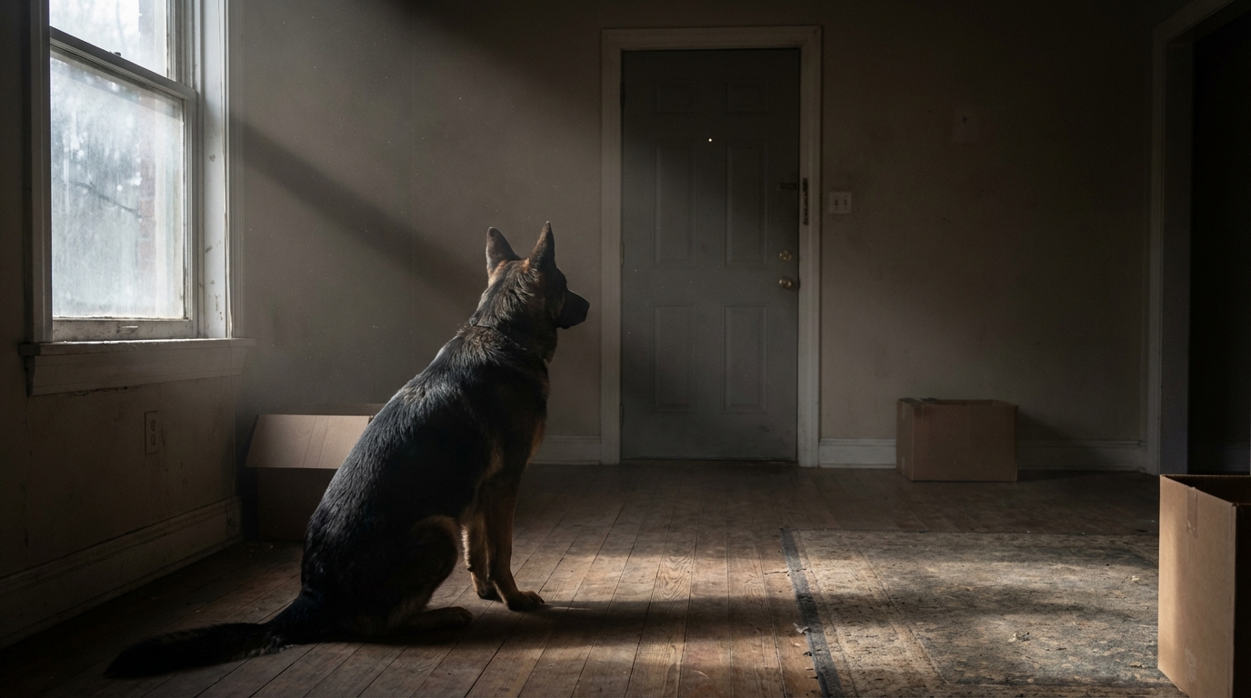 Un berger allemand regarde tristement par la fenêtre d'un appartement vide, symbolisant l'abandon et la solitude.