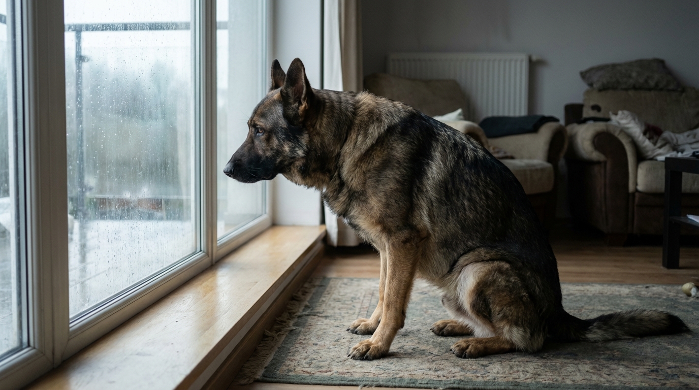 Un berger allemand au regard triste est assis derrière une vitre, symbolisant un conflit de voisinage après un incident tragique.