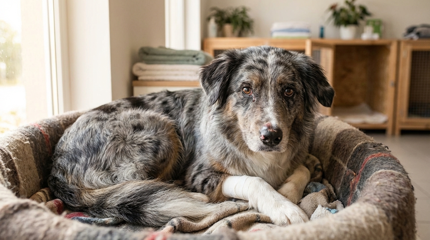 Nayko, un Berger Australien au regard doux, allongé dans son panier au refuge, montrant sa truffe et ses pattes blessées mais en voie de guérison.
