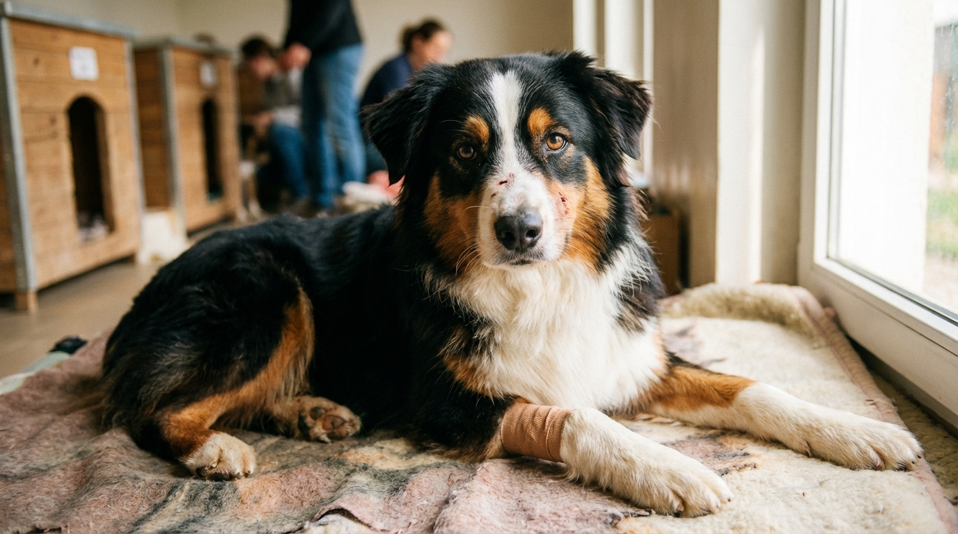 Le regard doux et plein d'espoir d'un Berger australien nommé Nayko, se reposant dans un refuge de la SPA après un terrible accident.