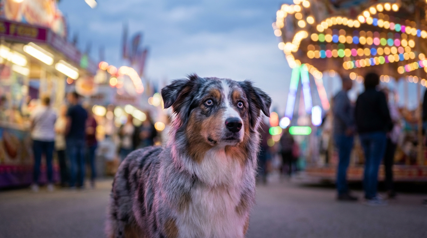 Un berger australien bleu merle à l'air inquiet, assis au milieu des lumières floues et colorées d'une fête foraine la nuit.