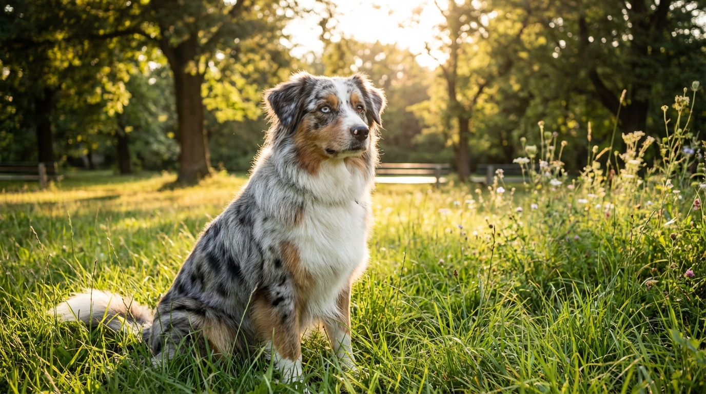 Un magnifique berger australien regarde avec amour son maître, assis dans l'herbe. Une image symbolisant le lien unique entre un homme et son chien.