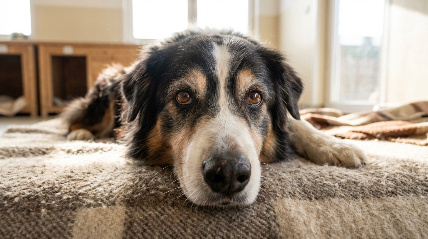 Un Berger Australien au regard doux et expressif, se reposant dans un refuge, symbolisant la résilience et l'espoir après un traumatisme.