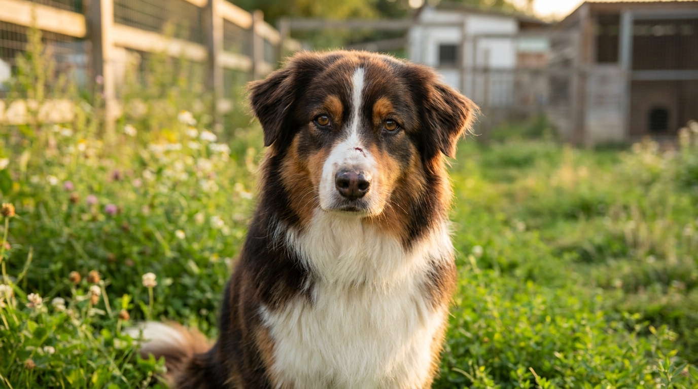 Un magnifique berger australien au regard doux, assis dans l'herbe, en sécurité dans un refuge après avoir été secouru.