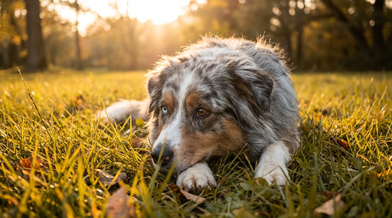Un berger australien bleu merle regarde tristement, symbolisant le danger des poisons comme la mort-aux-rats pour les chiens en promenade.
