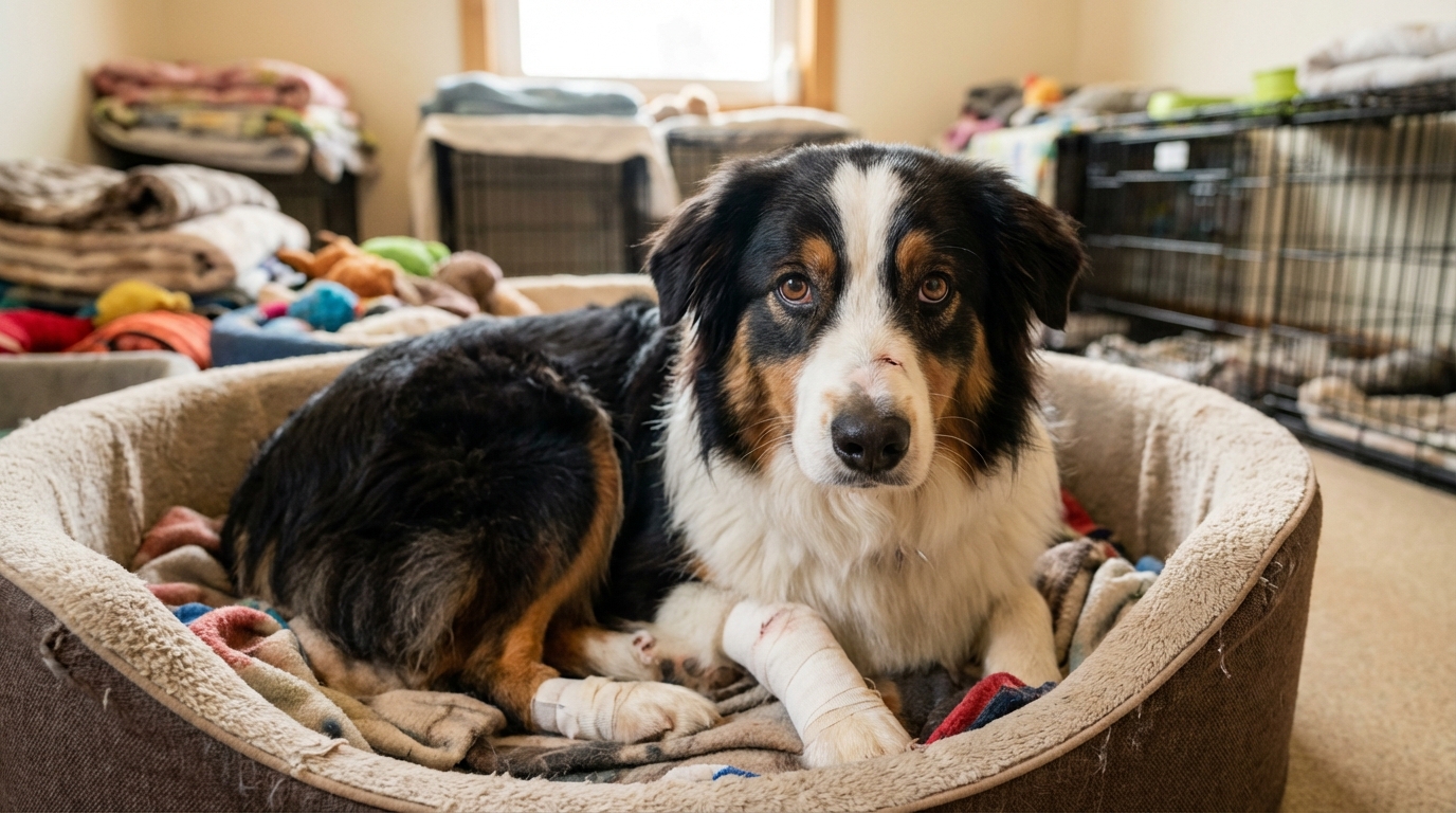 Un berger australien au regard doux et triste, allongé dans son panier au refuge, se remettant de ses blessures.