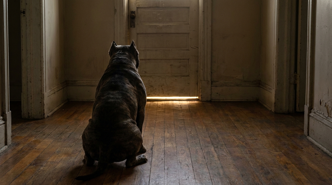 Un American Bully à l'air triste et pensif, assis sur le sol d'un appartement peu meublé, regardant vers la porte.