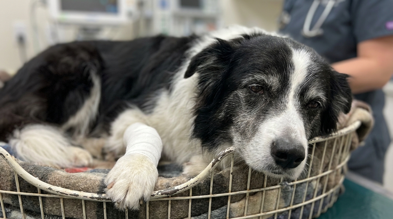 Un Border Collie âgé, au regard triste, se repose dans un panier, une patte bandée témoignant d'une blessure récente.