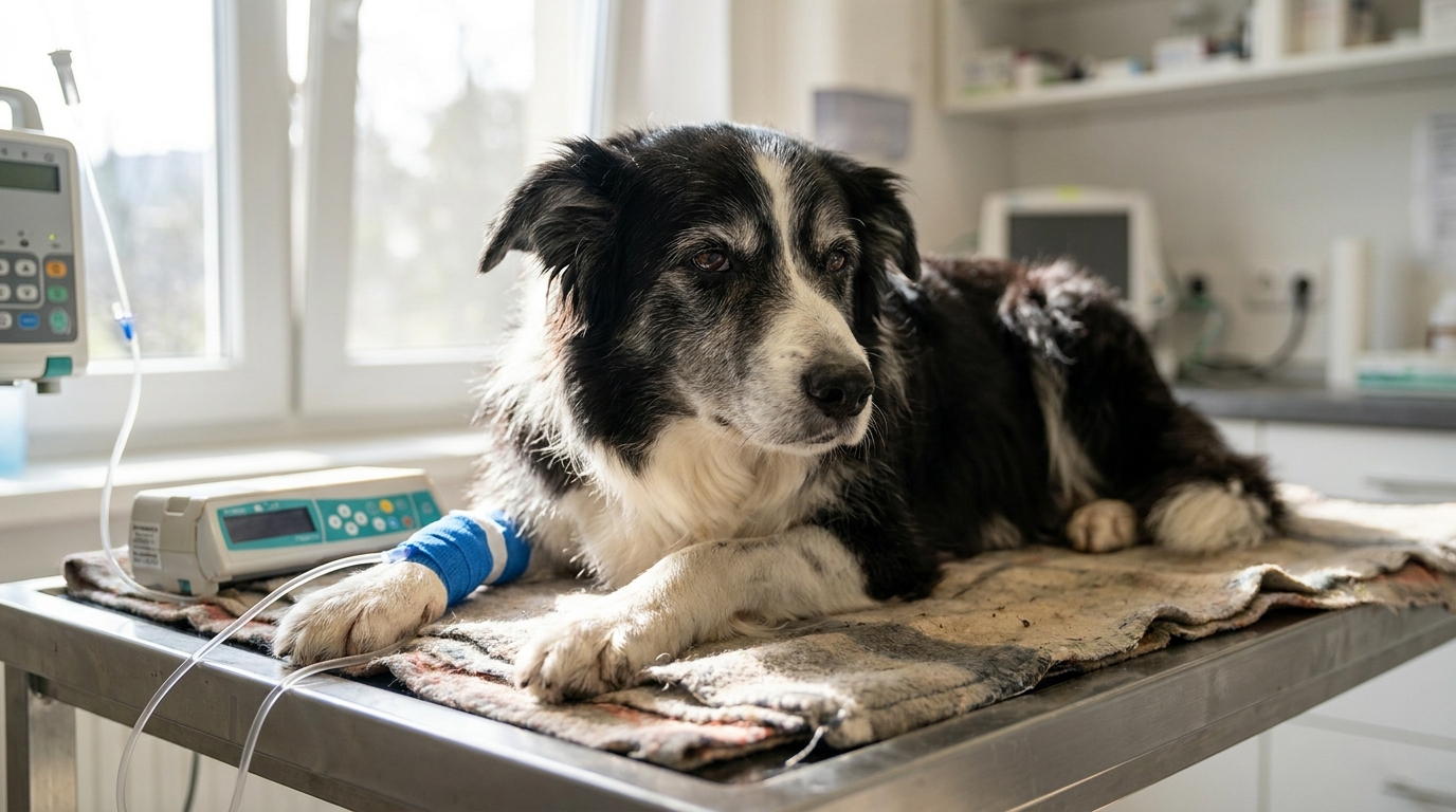 Un Border Collie âgé, noir et blanc, est couché et regarde tristement vers l'objectif, évoquant la convalescence du chien Zip.