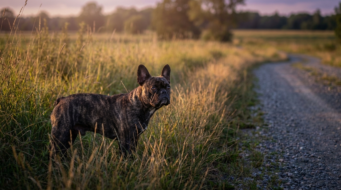 Un bouledogue français au regard inquiet, seul dans un champ, symbolisant la disparition de Twiny après l'accident.