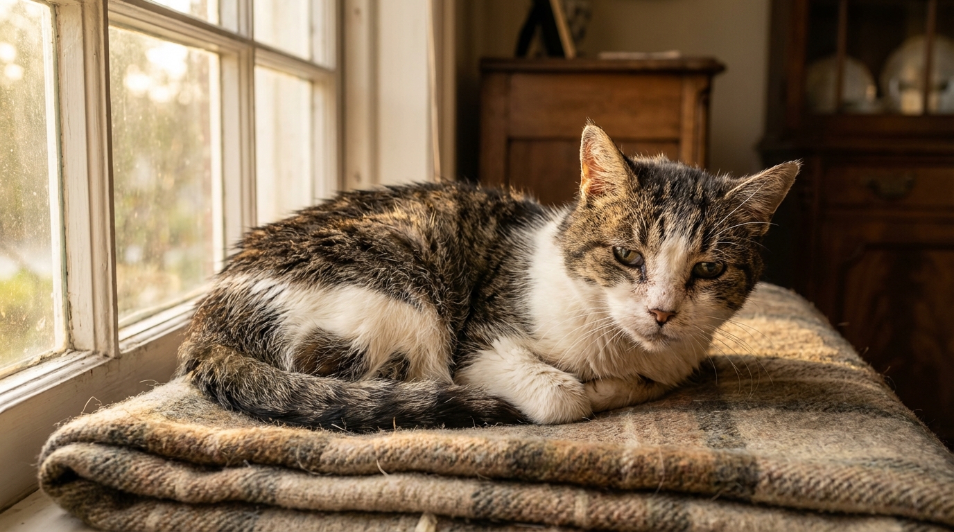 Un chat tigré et blanc âgé, à l'air triste et fatigué, est couché sur un coussin près d'une fenêtre, symbolisant la convalescence.