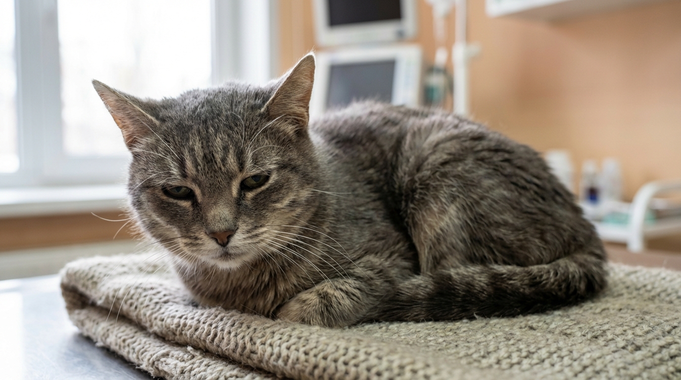 Un chat européen âgé au pelage gris, couché sur une couverture, avec un regard fatigué et triste qui exprime sa souffrance.