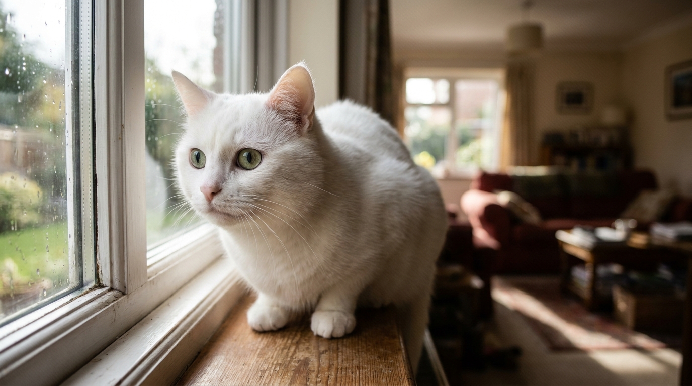 Un jeune chat blanc regarde avec inquiétude par une fenêtre, symbolisant la vulnérabilité des animaux face à la cruauté humaine.