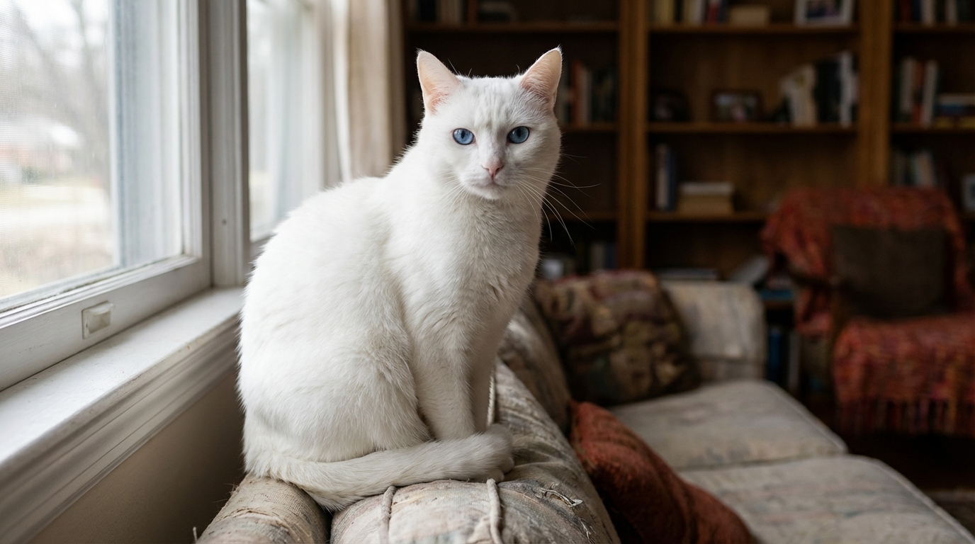 Un magnifique chat blanc aux yeux clairs regarde l'objectif, symbolisant le dilemme de Pompon, le chat disputé par deux familles.
