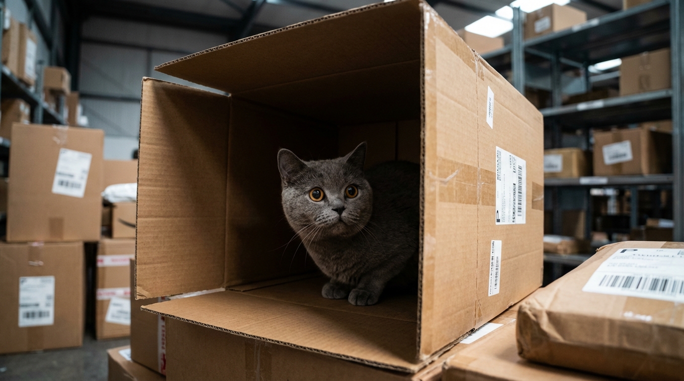 Un chat British Shorthair gris, l'air effrayé mais curieux, est assis dans une boîte en carton ouverte, regardant vers la caméra.