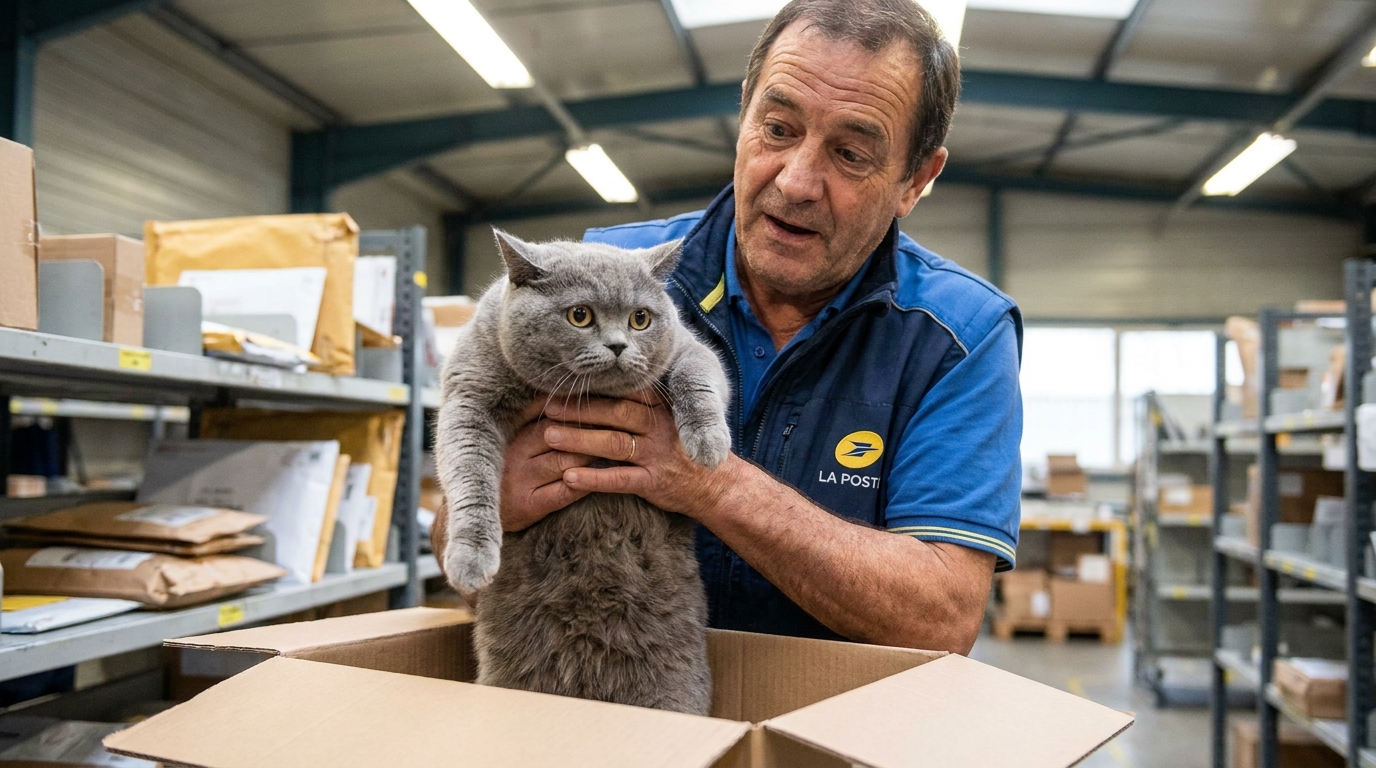 Un chat de race British Shorthair, l'air effrayé, regarde hors d'une boîte en carton ouverte dans un entrepôt postal.