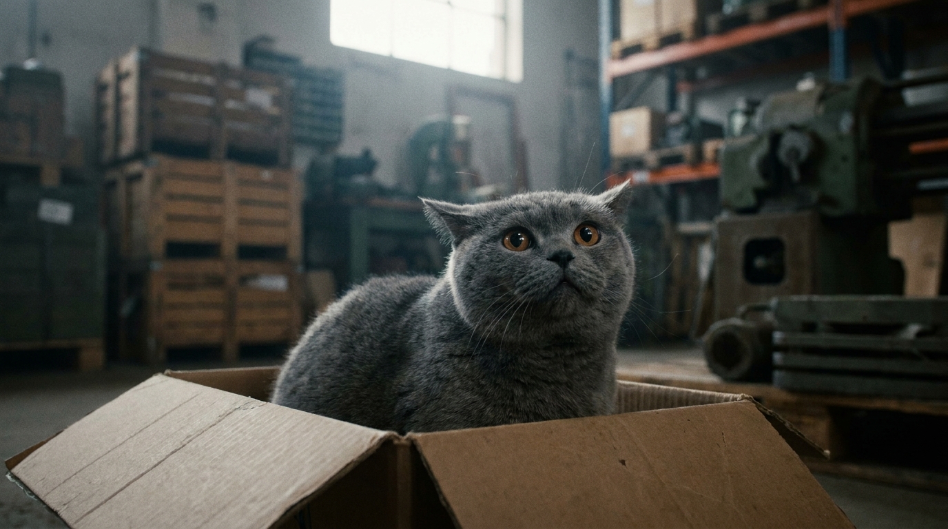 Un adorable chat British Shorthair au pelage gris regarde avec curiosité depuis l'intérieur d'une boîte en carton ouverte.