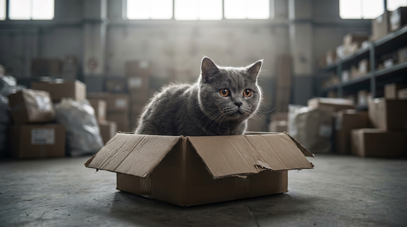 Un chat British Shorthair gris regarde curieusement depuis une boîte en carton ouverte, illustrant l'histoire de Shana.