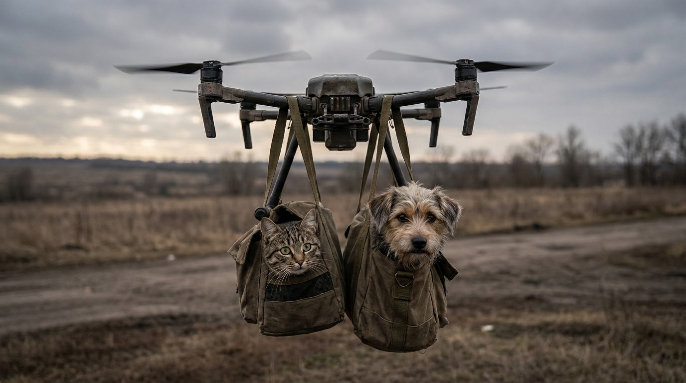 Un chat et un chien installés dans des sacs de transport, attachés à un drone militaire pour une évacuation.