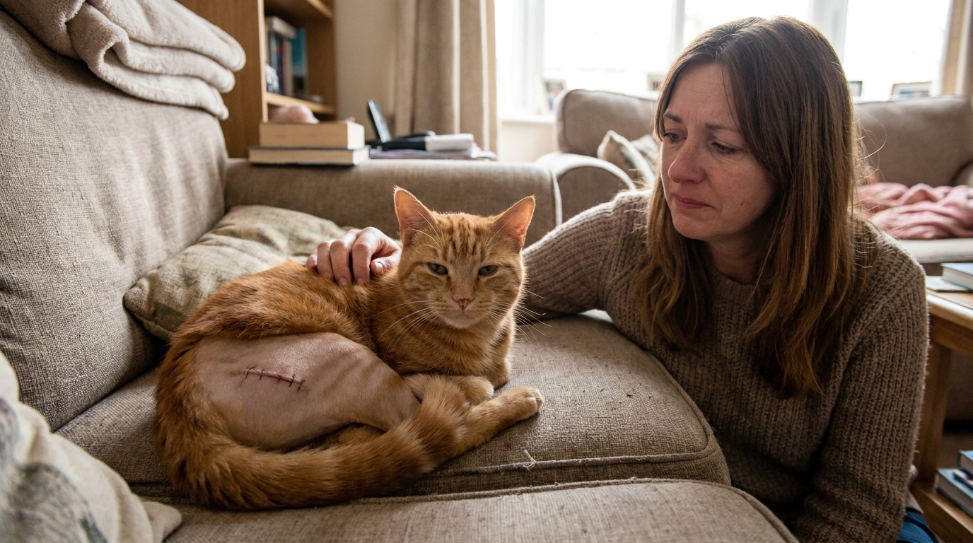 Un jeune chat au pelage roux et blanc est couché sur une couverture douce, sa patte arrière est rasée et porte un bandage chirurgical.