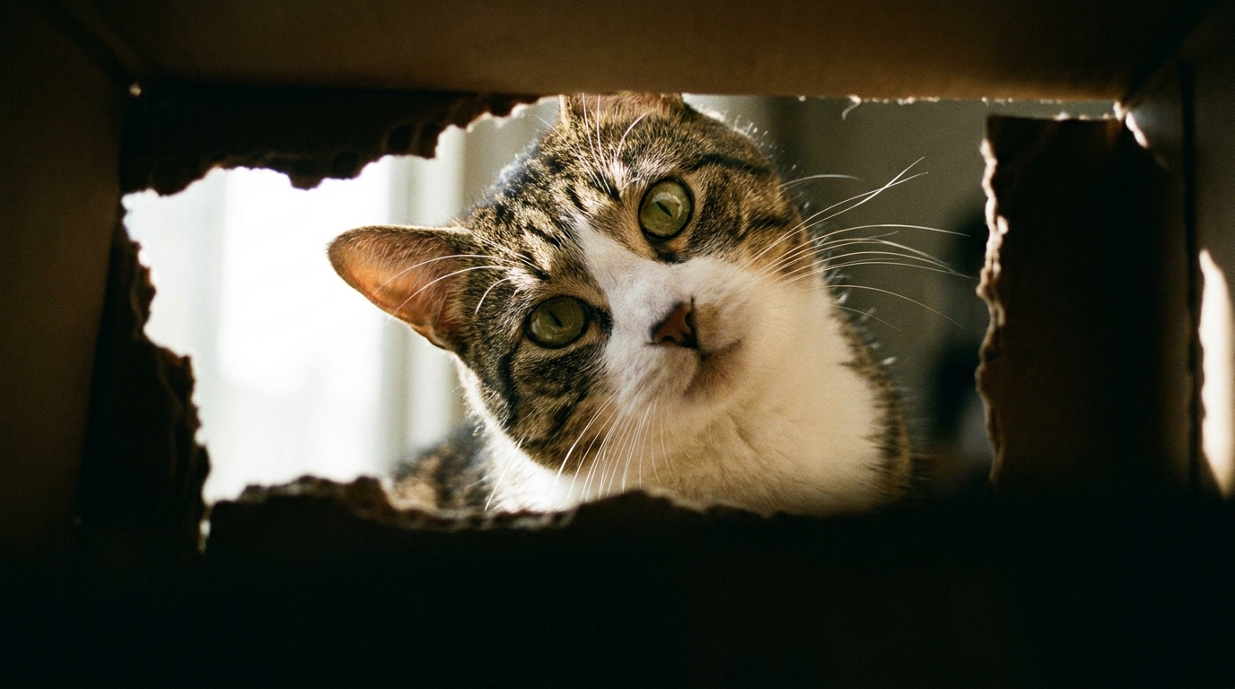 Un adorable chat tigré regarde hors d'une boîte en carton ouverte, illustrant l'histoire de la chatte Shana retrouvée dans un colis.
