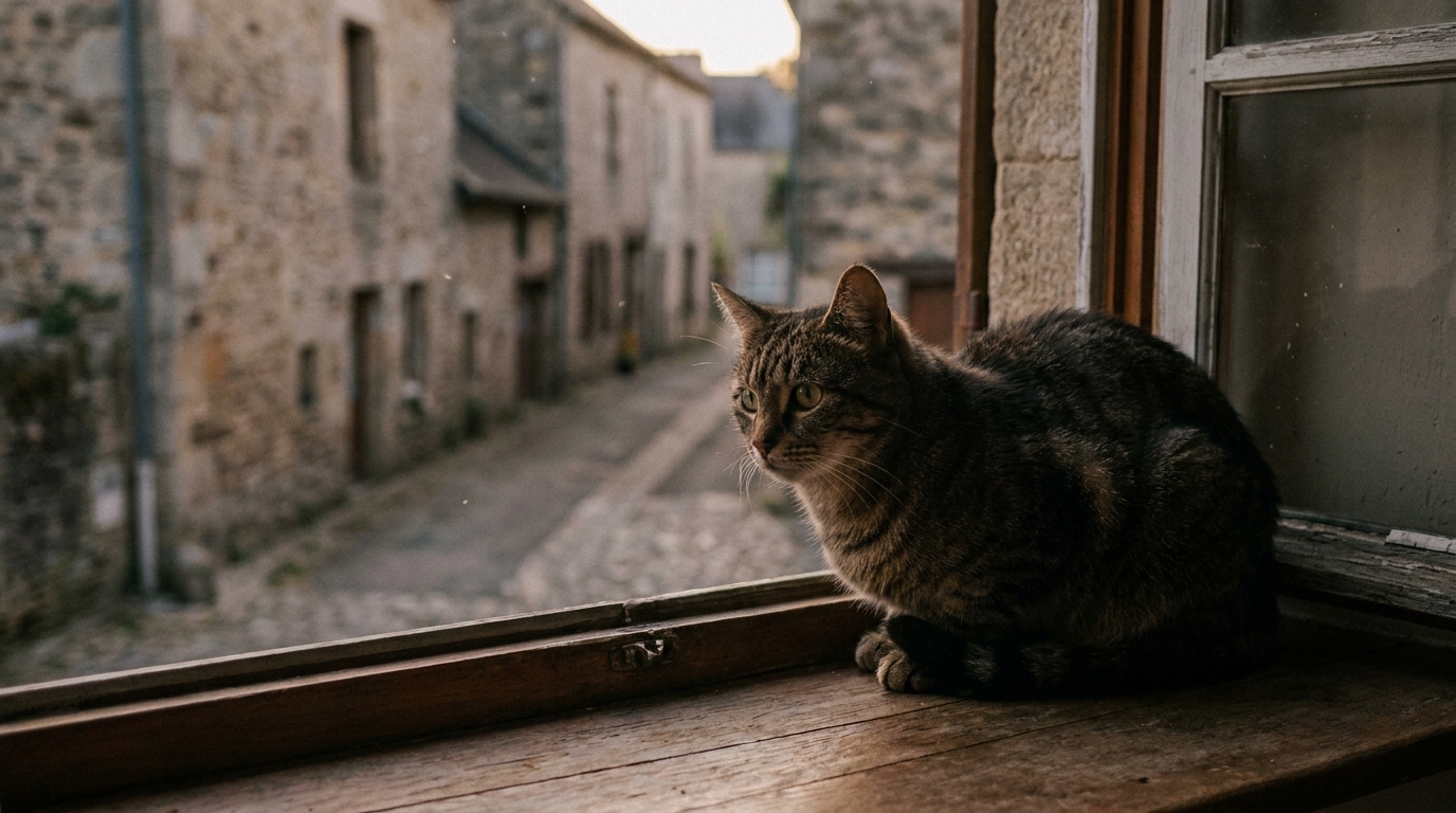 Un chat tigré regarde avec inquiétude par une fenêtre, symbolisant le mystère des disparitions de chats dans un village français.