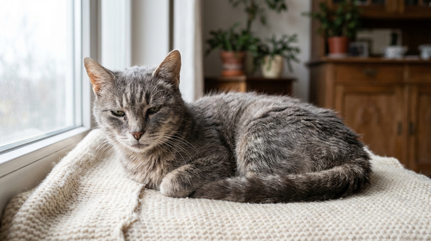 Un chat européen âgé, gris tigré, couché sur une couverture, avec un regard empreint de tristesse et de fatigue.