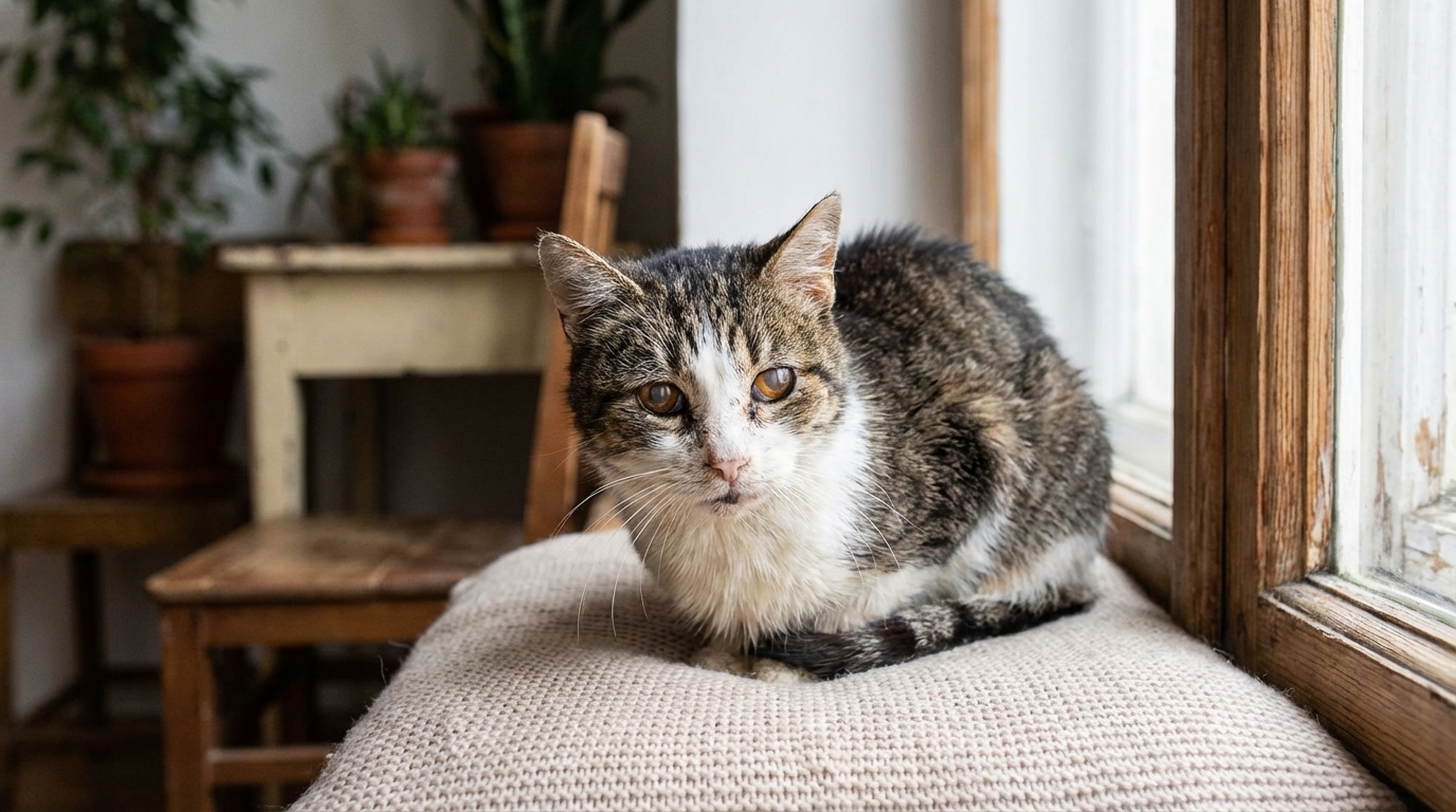 Un chat tigré et blanc âgé, au regard triste et mélancolique, couché près d'une fenêtre, symbolisant la vulnérabilité.