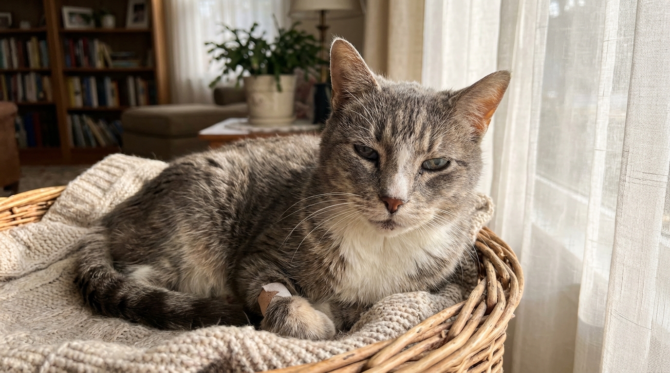 Un chat gris et blanc âgé, à l'air fatigué, couché dans un panier douillet, symbolisant la vulnérabilité de Grigri après son agression.