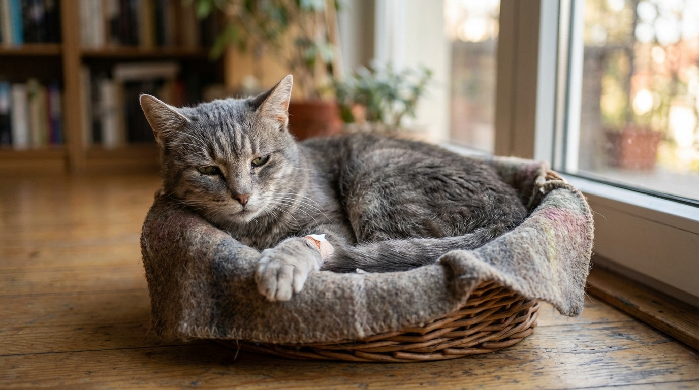Un vieux chat gris tigré, couché dans un panier douillet, l'air affaibli mais paisible, se remettant d'une grave blessure.