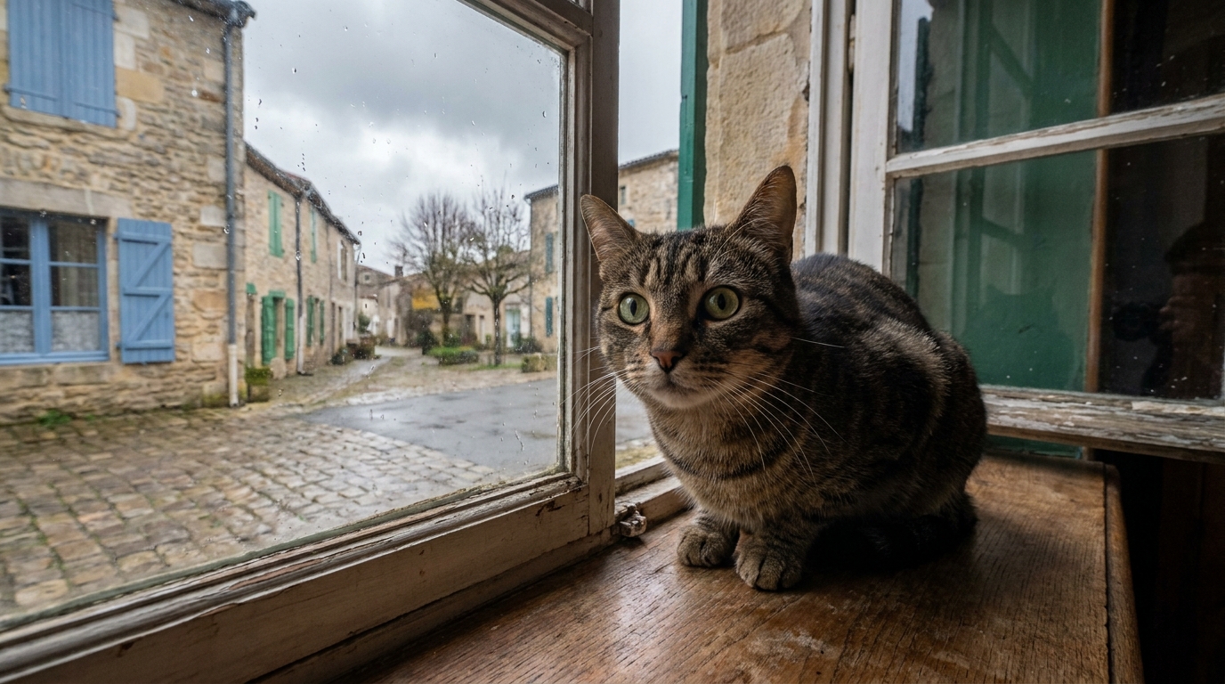 Un chat tigré regarde avec inquiétude par la fenêtre d'une maison dans une rue typique d'une petite ville française, symbolisant l'attente et l'angoisse.