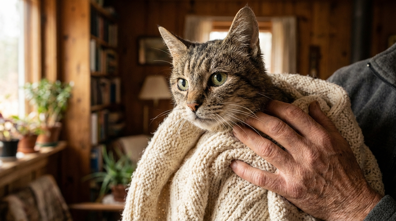 Un chat très maigre au regard triste, blotti dans les bras réconfortants d'un soignant après avoir été sauvé de la maltraitance.