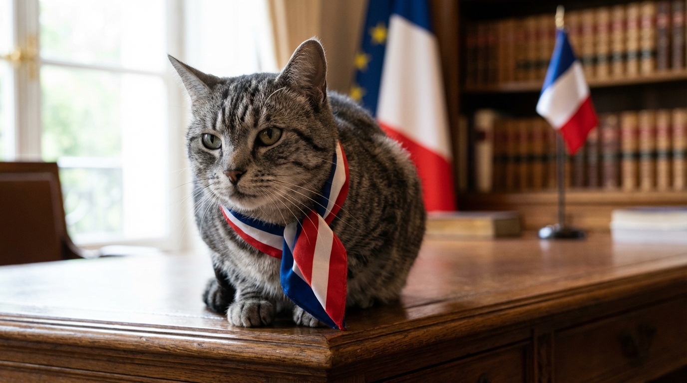 Un chat tigré au regard digne et sage, portant une écharpe de maire bleu-blanc-rouge, est assis sur un bureau en bois de mairie.
