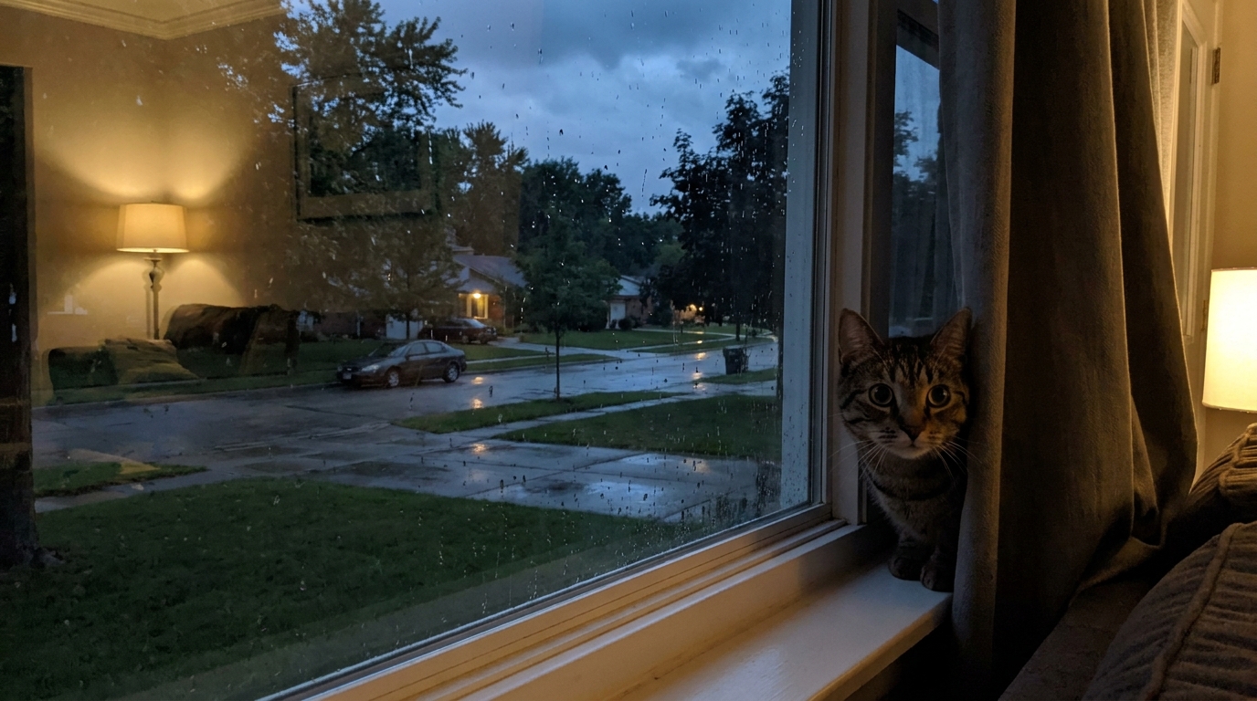 Un chat domestique au regard inquiet regarde à l'extérieur par une fenêtre, symbolisant la peur des animaux face à un danger dans la région de Liège.