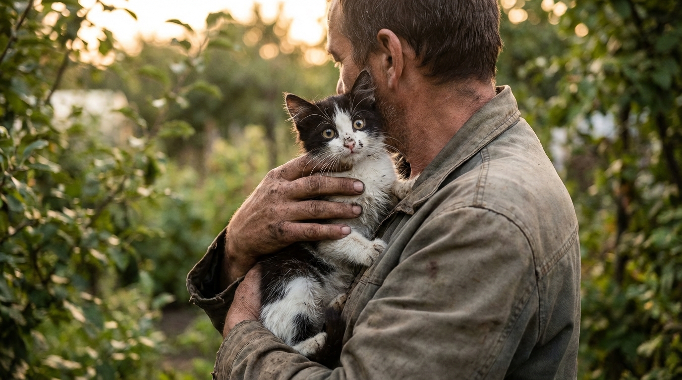 Un jeune chat noir et blanc, l'air effrayé mais en sécurité, blotti dans les bras d'une personne après avoir été secouru.