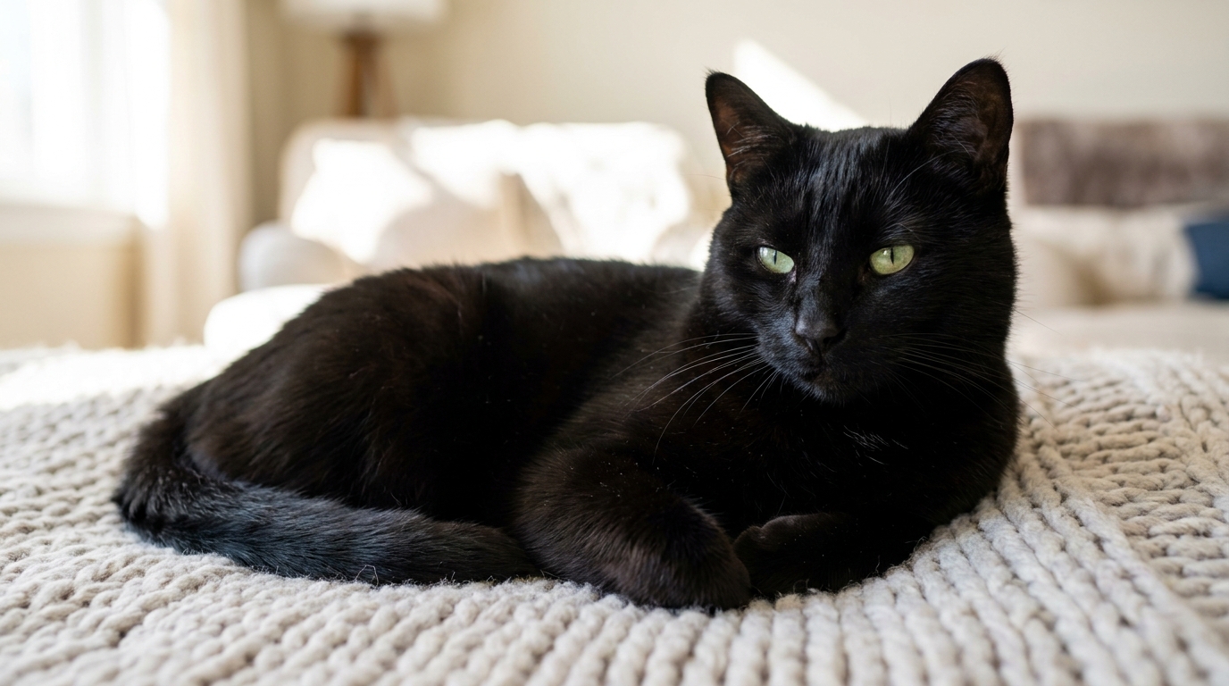 Un magnifique chat noir aux yeux verts, Bogoss, confortablement installé sur une couverture douce dans sa nouvelle maison.
