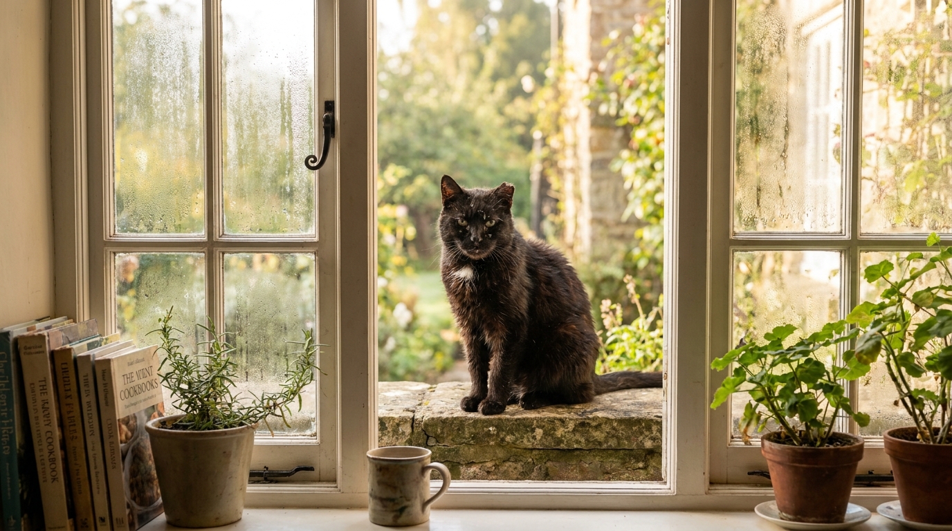 Un chat noir et blanc, l'air âgé, est assis sur le rebord d'une fenêtre et regarde à l'intérieur d'une cuisine.