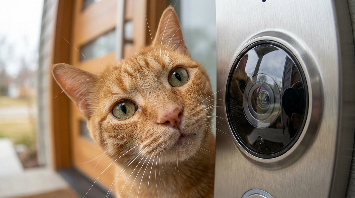 Un chat roux regarde avec curiosité la caméra d'une sonnette intelligente fixée sur une porte d'entrée en bois.