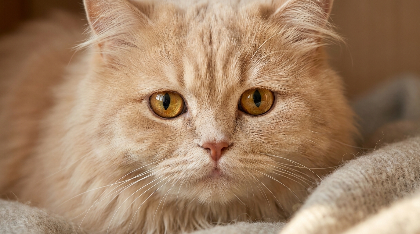 Un magnifique chat Persan crème aux yeux dorés regarde l'objectif avec une expression inquiète, attendant une nouvelle famille.