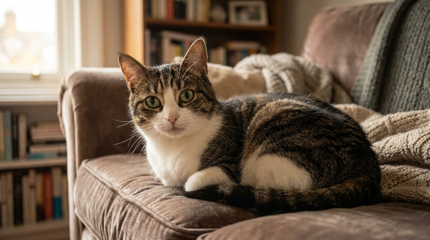 Un chat tigré regarde l'objectif avec une expression interrogative, symbolisant la confusion de Pompom au cœur de la bataille judiciaire.