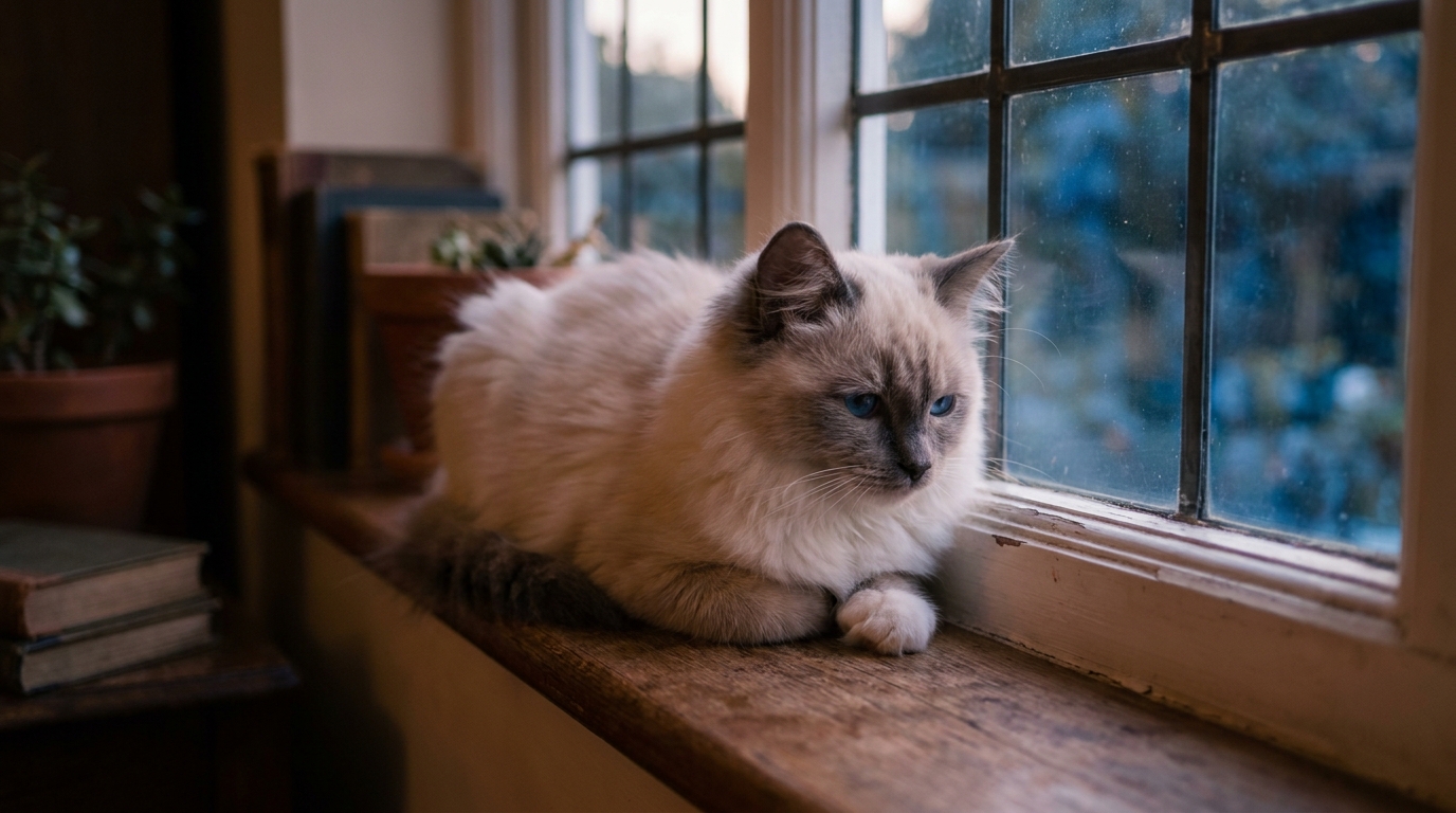 Un magnifique chat de race Ragdoll aux yeux bleus regarde avec mélancolie, symbolisant la tristesse et la perte de Zéphyr.