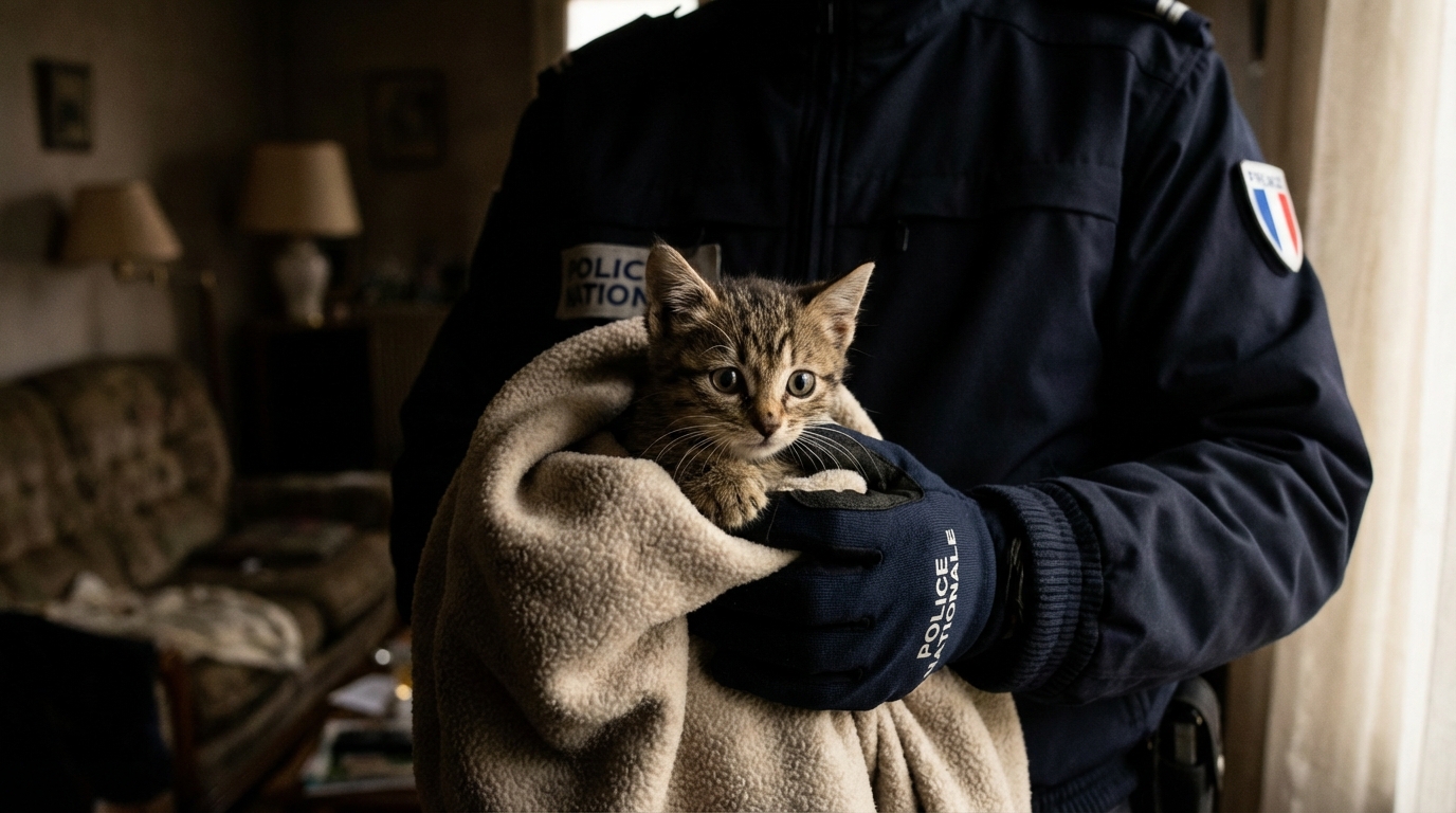 Un chat roux et blanc, l'air craintif, est blotti dans une couverture tenue par un secouriste après avoir été sauvé d'une maison.