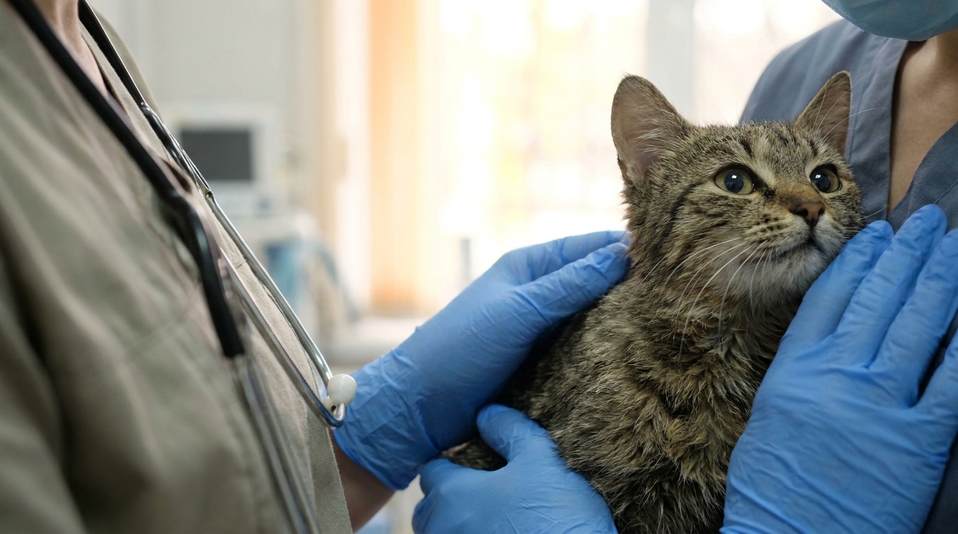 Un chat effrayé mais en sécurité dans les bras d'un membre d'une association, symbolisant le sauvetage des 49 félins dans le Calvados.