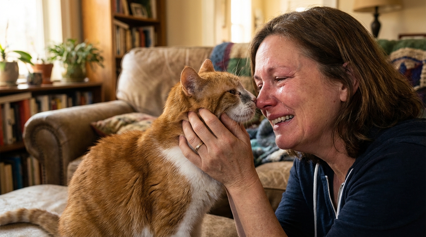 Un chat européen roux et blanc, à l'air sage et âgé, est tendrement caressé par ses propriétaires émus de ces retrouvailles inespérées.