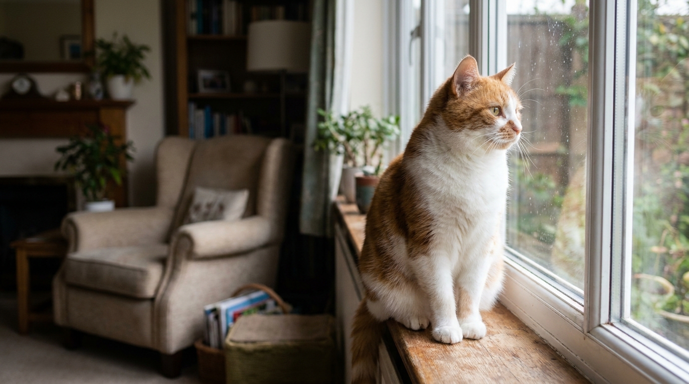 Un chat roux et blanc, l'air curieux et soulagé, regarde par une fenêtre, symbolisant son retour à la maison après 7 ans.
