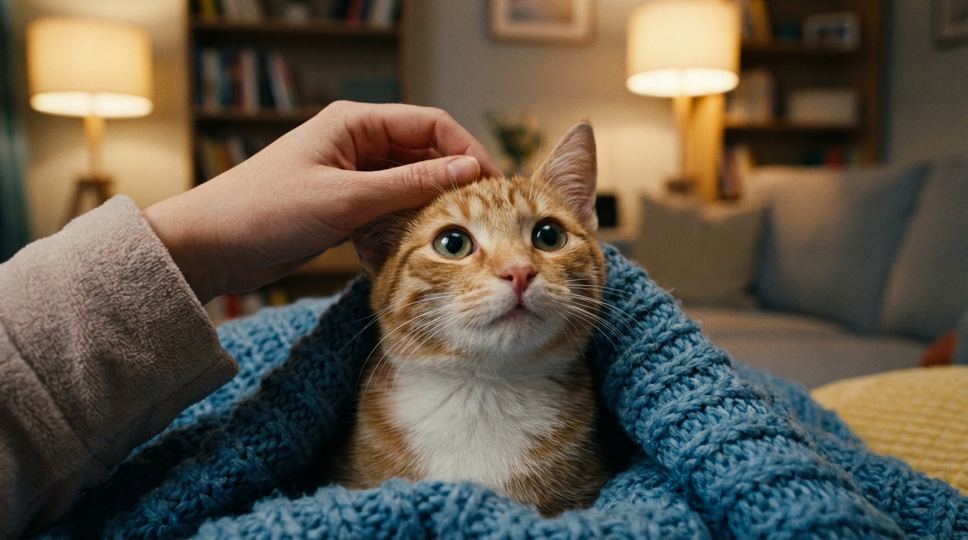 Un jeune chat roux et blanc au regard triste et apeuré, emmitouflé dans une couverture après avoir été secouru d'une situation de maltraitance.