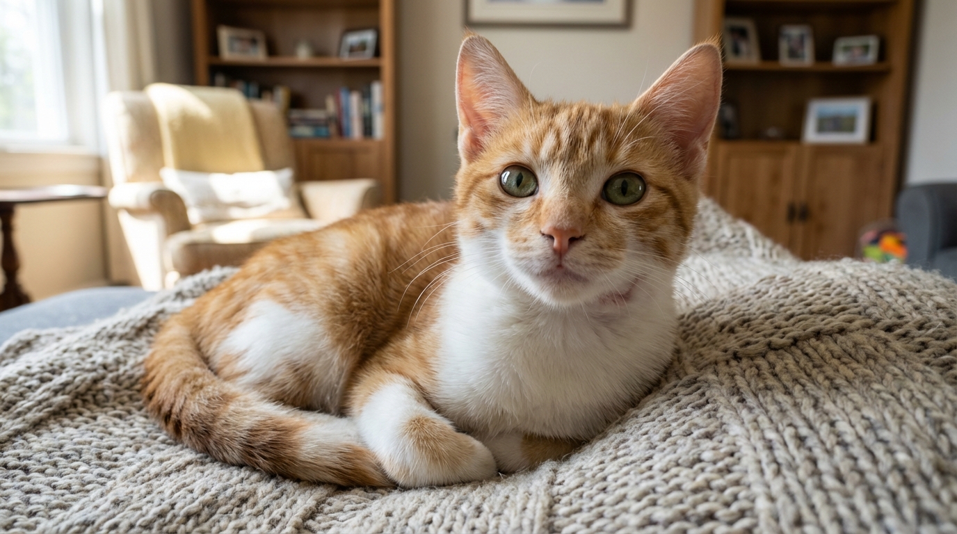 Un jeune chat roux au regard doux et reconnaissant, se remettant d'une blessure à la mâchoire, symbole d'un sauvetage réussi.