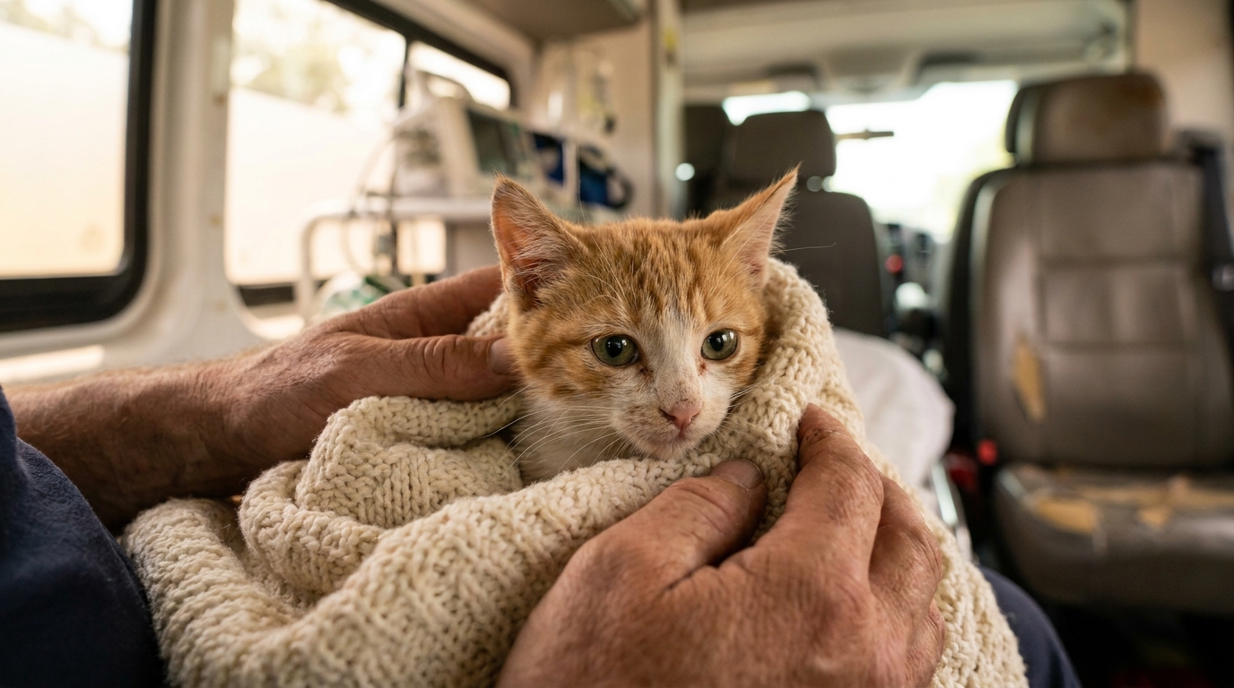 Un jeune chat roux blessé, blotti dans les bras d'un secouriste bienveillant, regarde l'objectif avec des yeux pleins d'espoir.