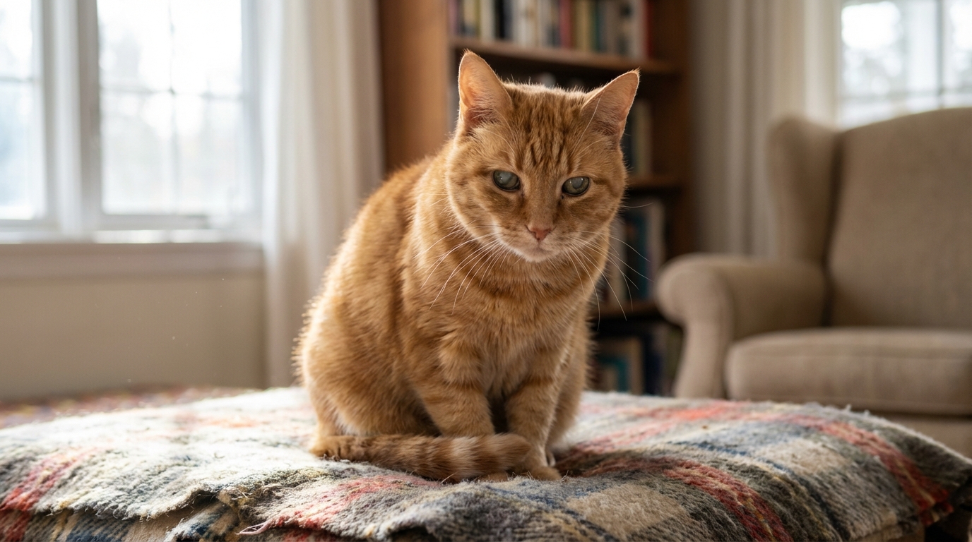 Un magnifique chat roux au regard interrogateur, assis sur un canapé, symbolisant le cœur d'une bataille judiciaire entre deux familles.